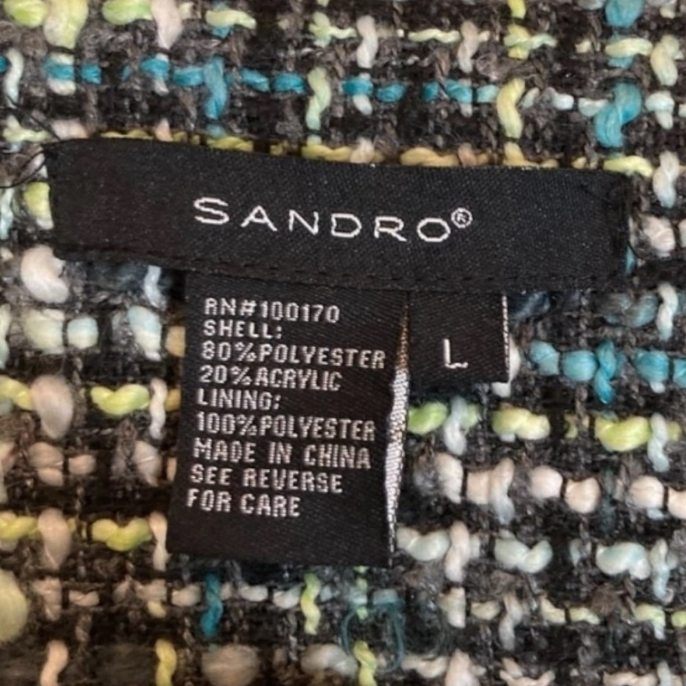 SANDRO ✘ Preppy Turquoise Black Tweed Jacket Midi Skirt Suit 2 Pc Set Office, L - Picture 5 of 12
